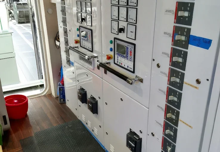 Marine electrical control panel with gauges and switches, showcasing yacht automation and electrical systems relevant to thermal imaging surveys for performance enhancement.
