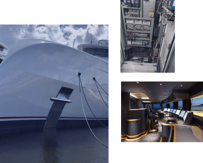 Luxury yacht moored in water, showcasing sleek hull design and electrical systems, featuring control room interior with advanced technology and marine engineering elements.