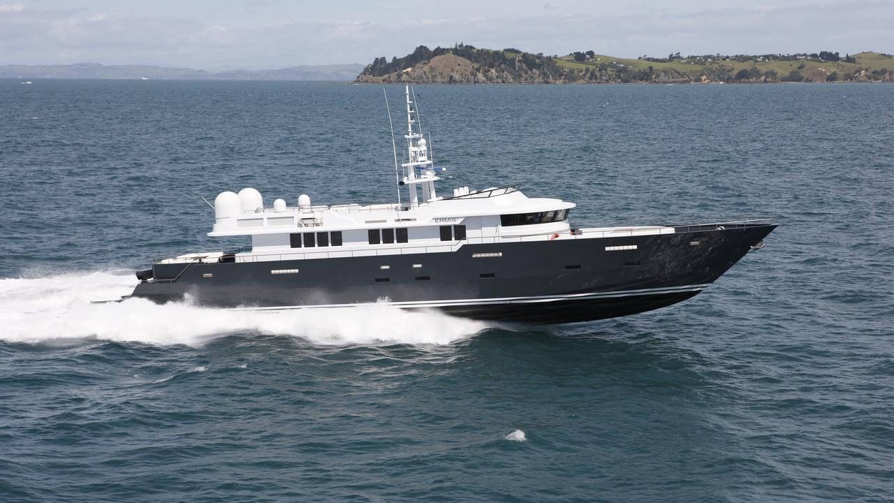 Ermis2 yacht cruising at high speed on ocean waters, showcasing sleek design and luxury features, relevant to fastest super yachts in 2020.