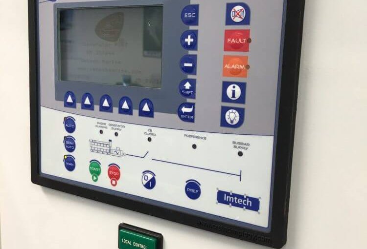 Control panel of the GENSYS 2.0 MARINE Power Management System featuring buttons and display for generator management in marine applications.
