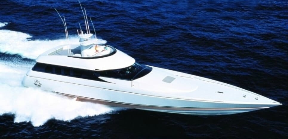 Luxury motor yacht Gentry Eagle speeding through water, showcasing sleek design and high performance, relevant to fastest yachts discussion.