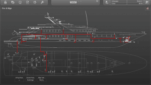 Diagram of a yacht's electrical system layout with highlighted connections, illustrating the FT NavVision Alarm Monitoring System's configuration for marine applications.