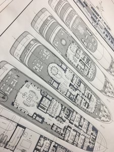 Detailed yacht design blueprints showcasing multiple deck layouts and interior configurations, relevant to Tess Electrical's marine engineering services.