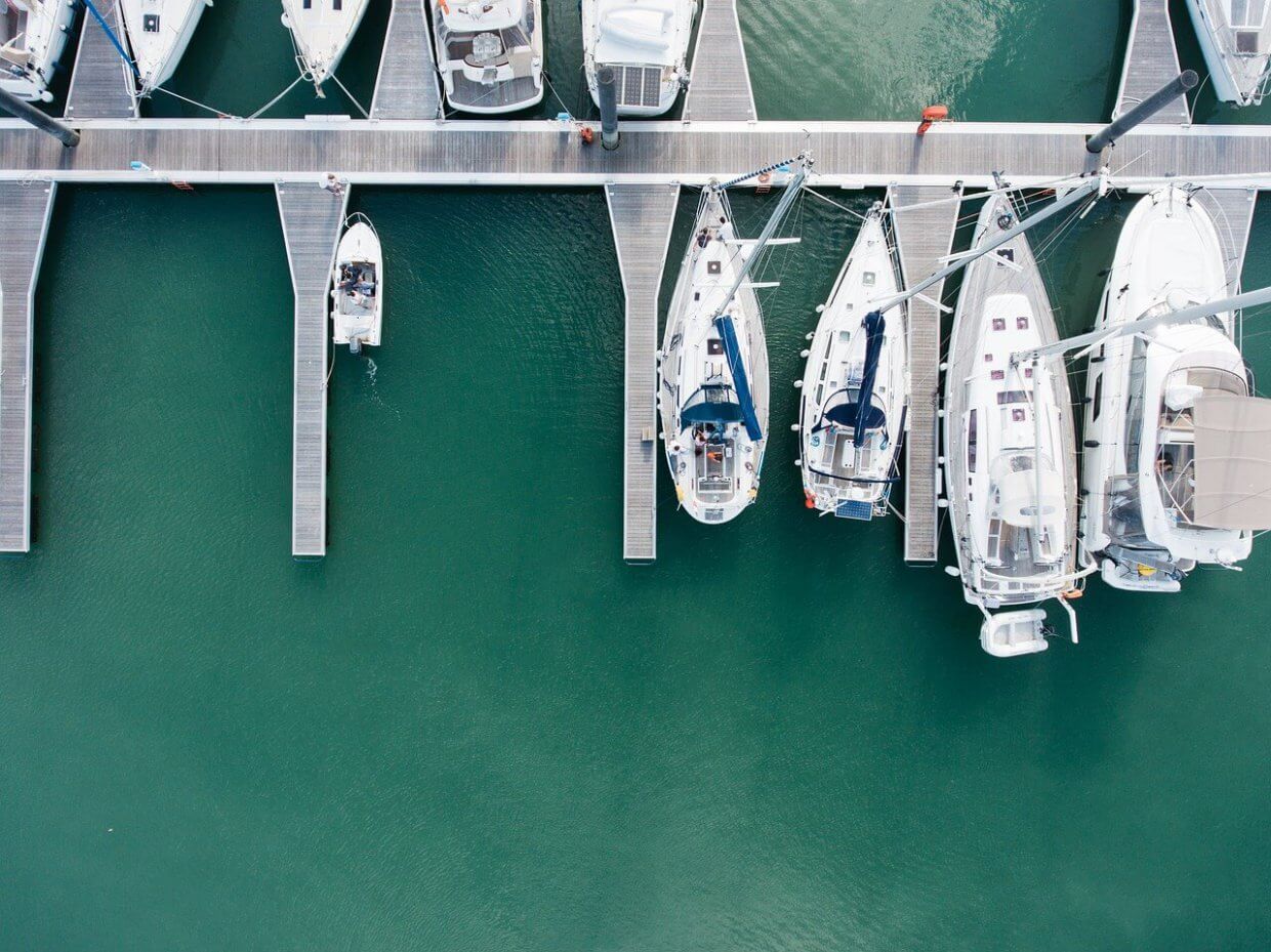 Aerial view of yachts docked at a marina, showcasing TESS Electrical LLC's expertise in marine electrical services and commitment to quality in the marine industry.