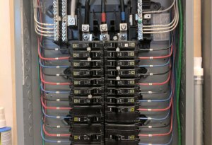 Electrical panel with multiple circuit breakers and wiring, relevant to yacht maintenance and marine electrical services.
