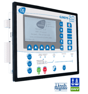 GENSYS 2.0 MARINE control unit for marine generator switchboard panels, featuring a digital display and control buttons, designed for advanced power management in marine applications.