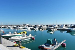 Marina with various yachts and boats docked along the water, reflecting the clear blue sky, relevant to marine electrical services and yacht maintenance.