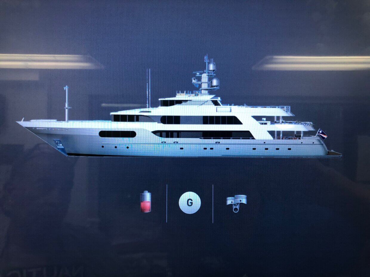 Yacht illustration showcasing advanced automation and power management systems relevant to marine applications, with indicators for battery status and engine metrics.