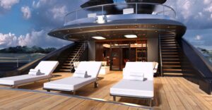 Luxury yacht deck with sun loungers, showcasing marine design and elegance, emphasizing yacht maintenance and electrical service needs.