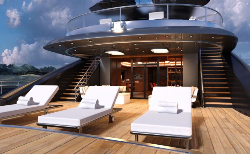 Luxury yacht deck with lounge chairs, showcasing marine design and elegance, emphasizing the importance of yacht maintenance and electrical services.