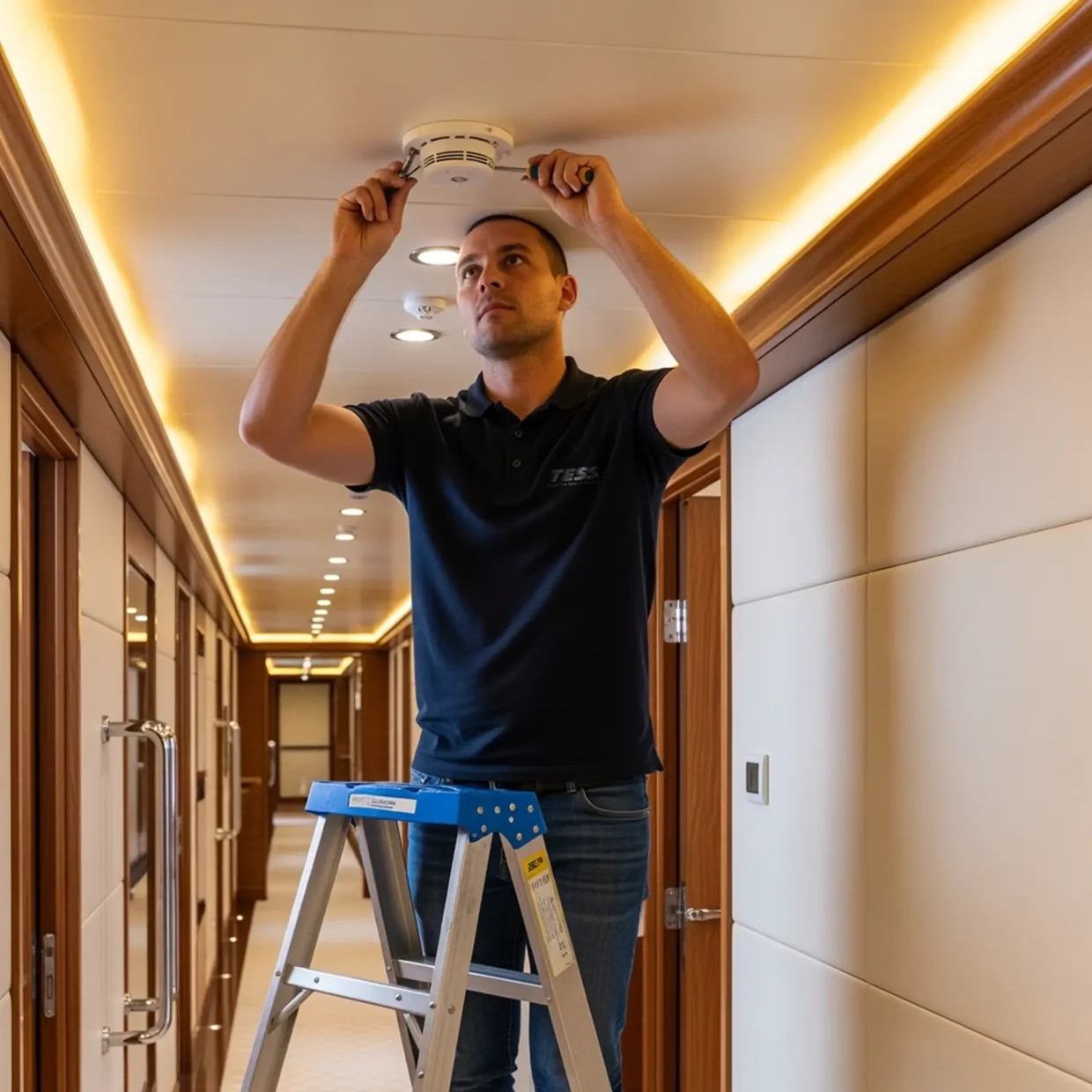 img 02 Technician from Tess Electrical LLC installing LED lighting fixture on superyacht ceiling, showcasing marine-grade materials and modern design in a luxurious corridor.