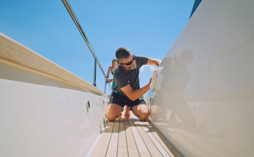 Man cleaning the side of a yacht, showcasing yacht maintenance services, with a woman in the background, under clear blue skies.