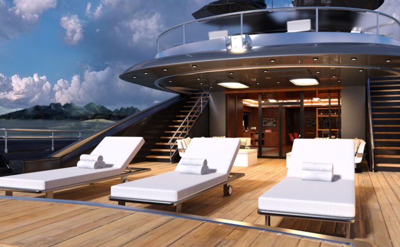 Luxury yacht deck with lounge chairs, modern design, ocean view, emphasizing yacht maintenance and refit services in South Florida.