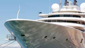 Luxury yacht bow with sleek design and advanced marine technology, emphasizing yacht security and electrical services in Fort Lauderdale.