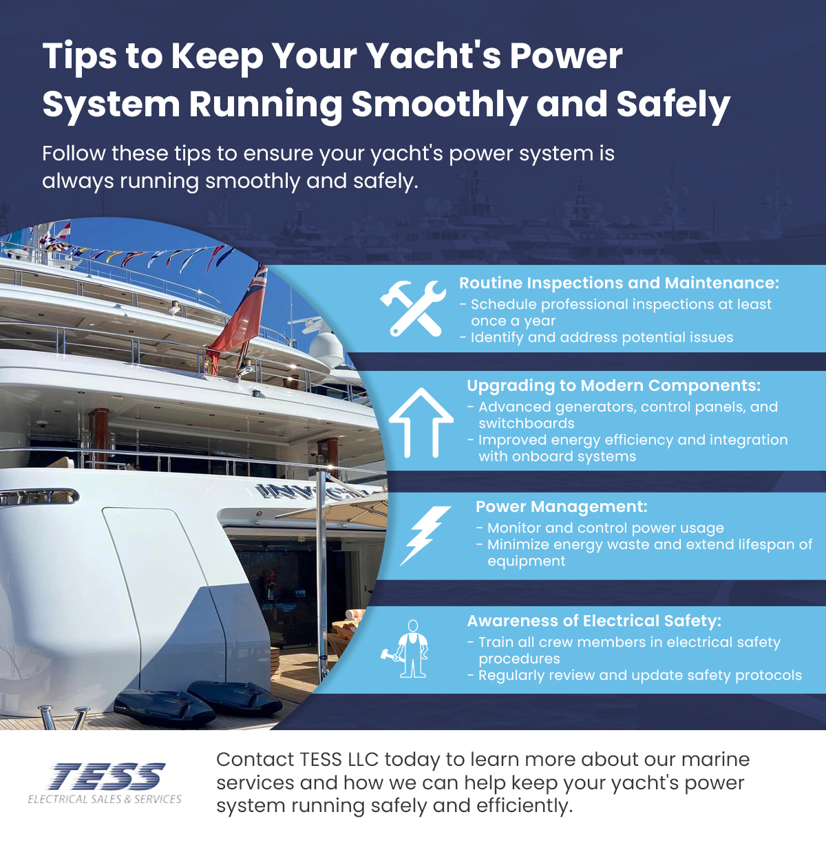Infographic titled "Tips to Keep Your Yacht's Power System Running Smoothly and Safely," featuring yacht maintenance tips including routine inspections, modern component upgrades, power management strategies, and electrical safety awareness, with TESS LLC branding at the bottom.