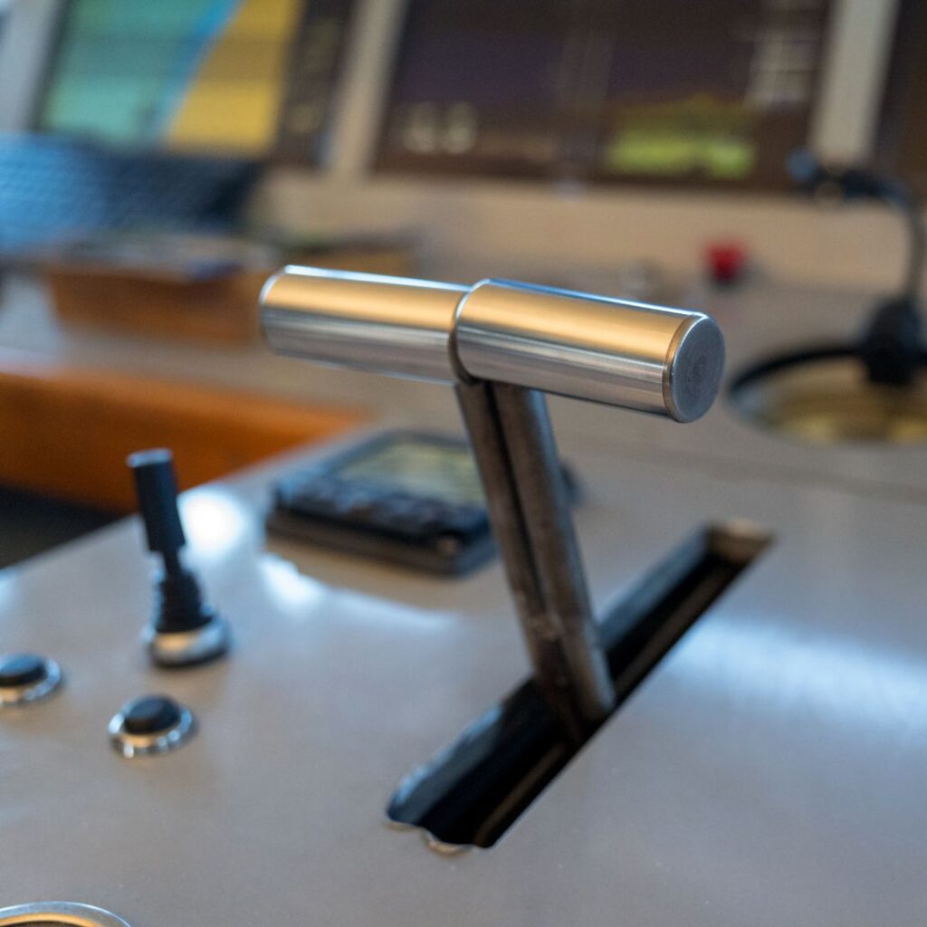 Marine control lever in yacht cockpit with electronic displays and switches, illustrating marine electrical systems and engineering services.