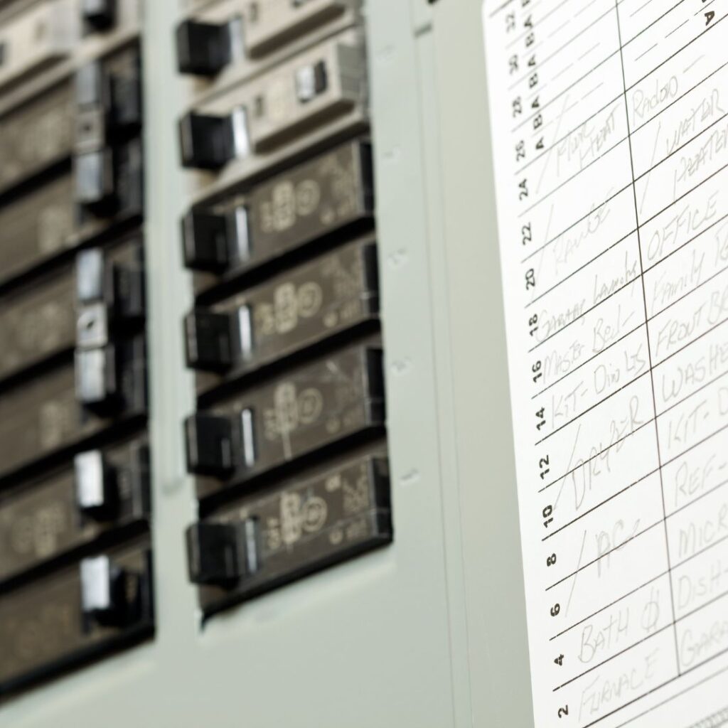 Electrical panel with circuit breakers and handwritten labels for various onboard systems, highlighting the importance of managing electrical loads on yachts.