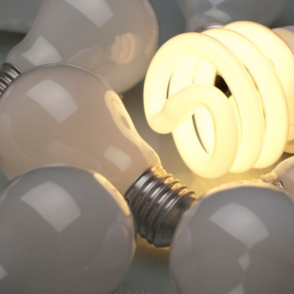 Energy-efficient spiral light bulb surrounded by traditional incandescent bulbs, illustrating advancements in marine electrical technology for yachts.