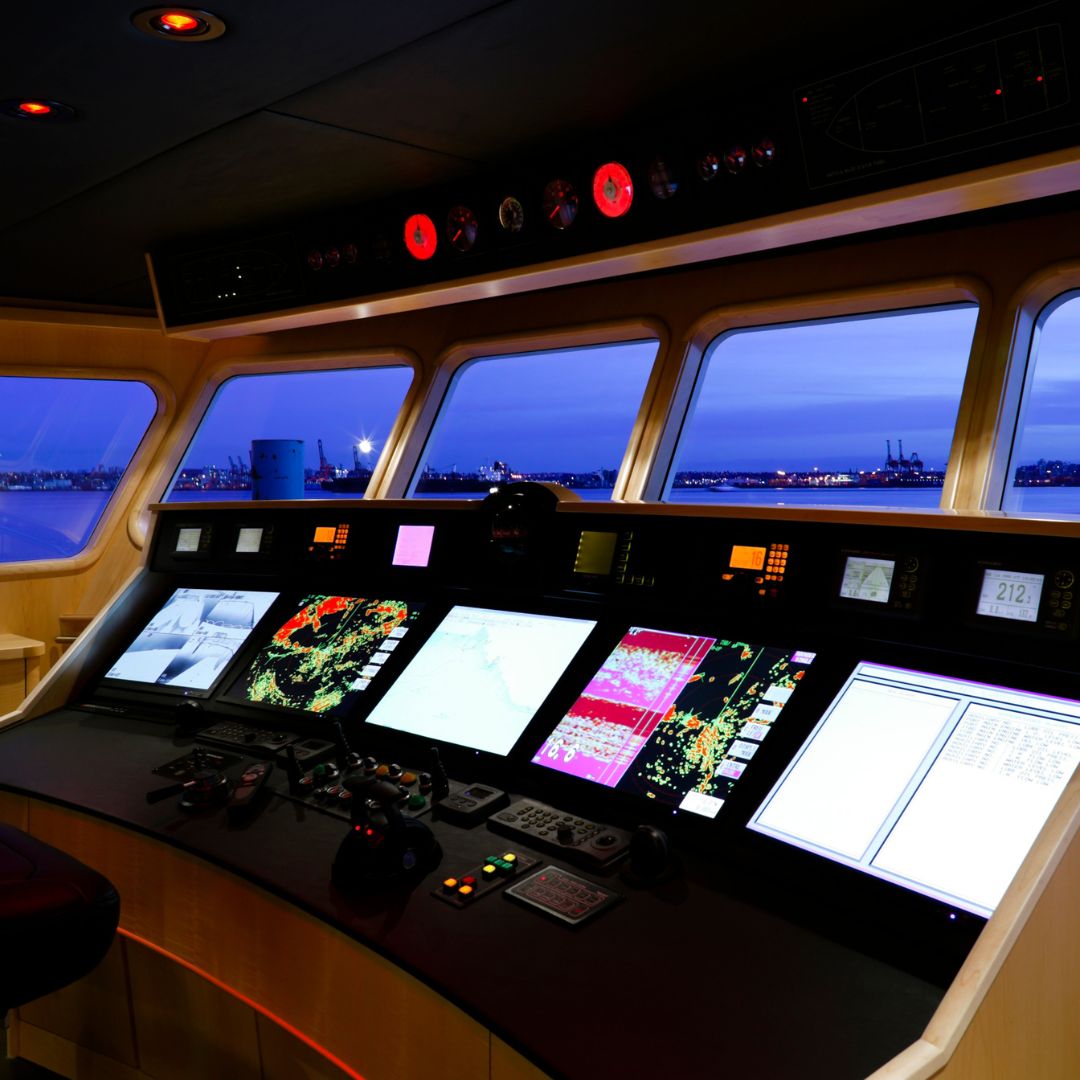 img cantalupi 03 Marine vessel control room with advanced navigation screens, radar displays, and operational controls, showcasing TESS Electrical's commitment to high-quality marine electrical systems and support for yachts and commercial vessels.