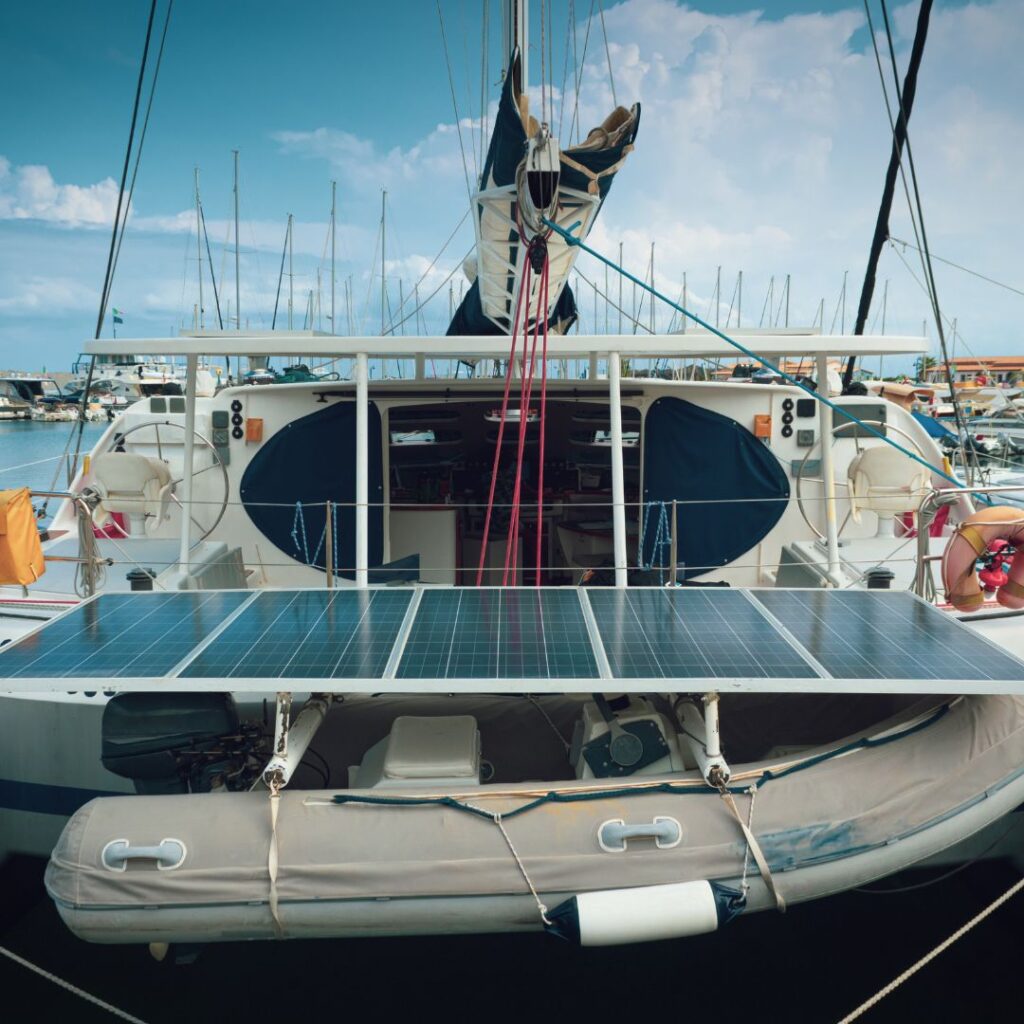 Yacht with solar panels on deck, showcasing advanced electrical systems and a dinghy, set in a marina with masts in the background, emphasizing luxury and marine electrical services.