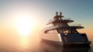 Luxury yacht sailing at sunset, showcasing elegant design and marine engineering, relevant to yacht electrical services and safety measures.