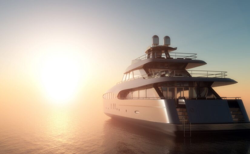 Luxury yacht glistening in sunset, showcasing elegance and advanced marine design, symbolizing TESS LLC's expertise in yacht electrical systems and services.