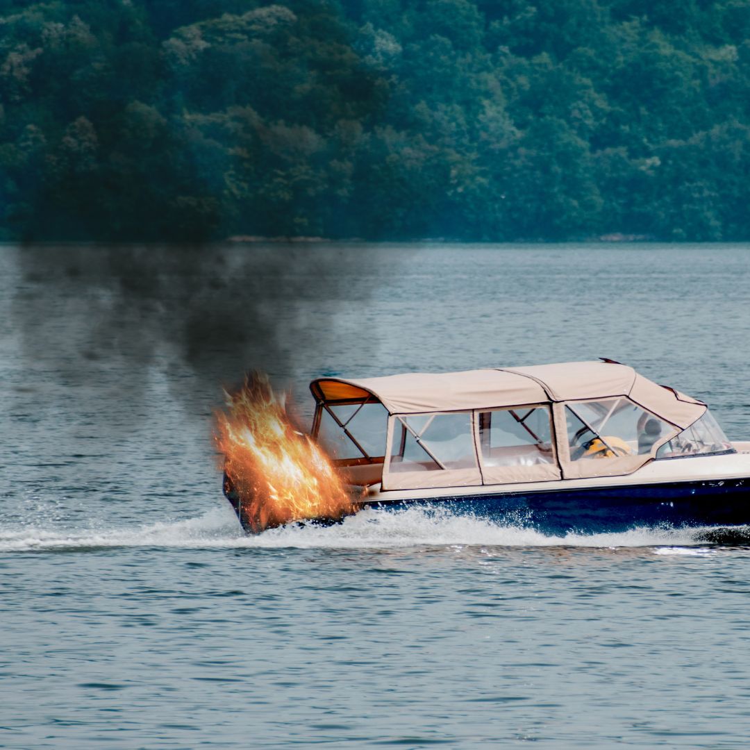 Boat on fire in water, illustrating the dangers of neglecting marine electrical maintenance, with smoke and flames visible, emphasizing fire hazards for yacht owners in Savannah, GA.