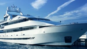 Luxury yacht docked in Savannah, Georgia, showcasing marine electrical solutions and safety features.
