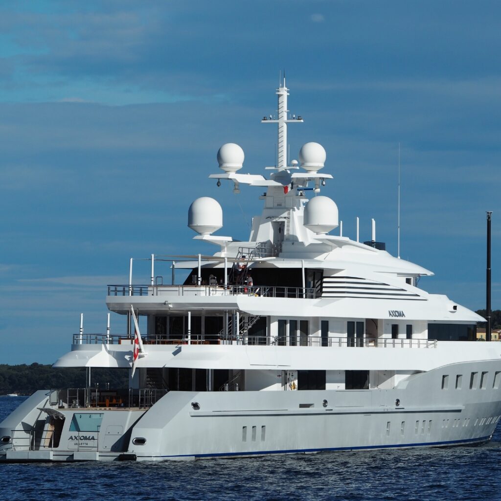 Luxury yacht Axioma docked in Savannah waters, showcasing advanced marine technology and design features, representing TESS's yacht maintenance services at Safe Harbor Savannah Yacht Center.