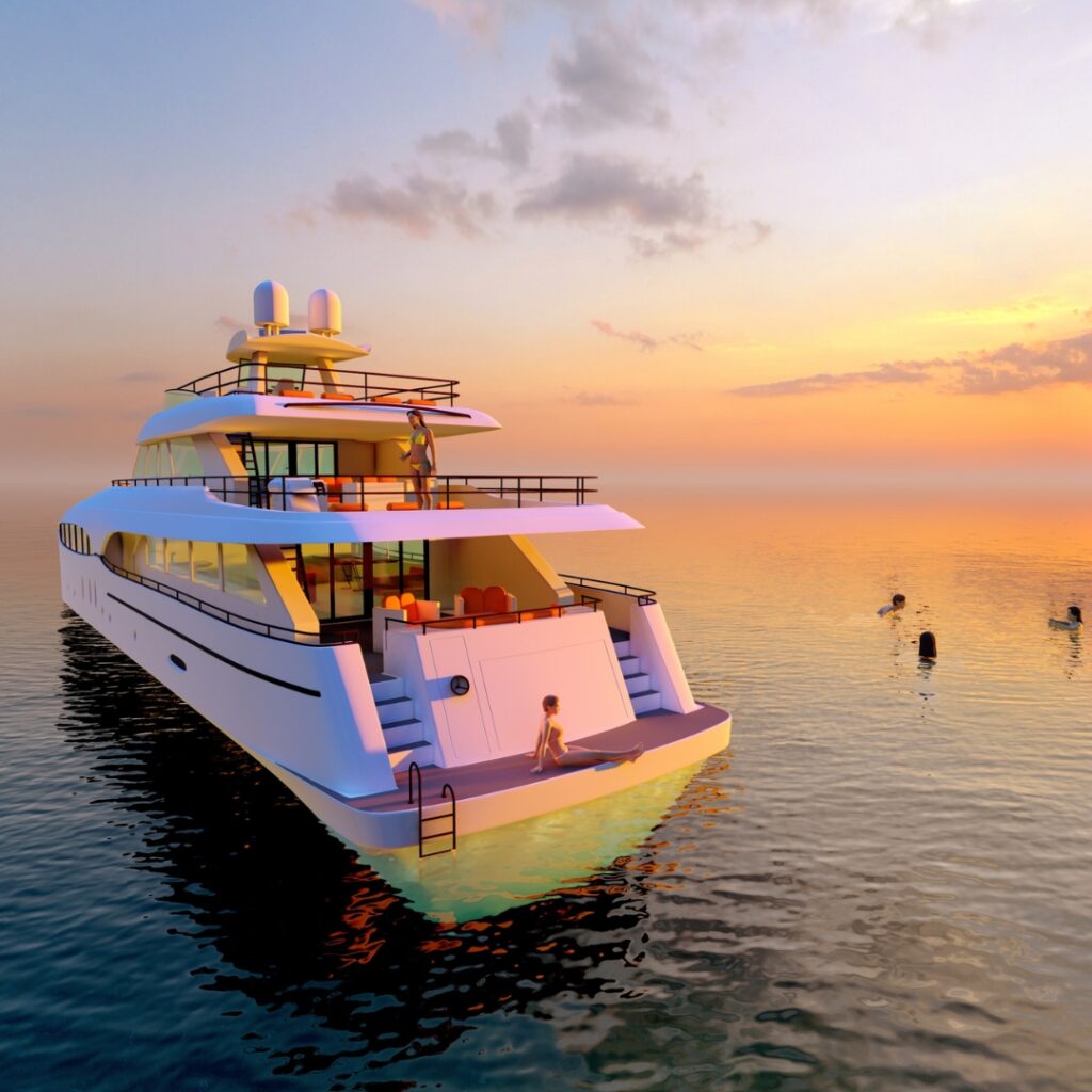 Luxury yacht at sunset with people enjoying the water, illustrating maritime leisure and the importance of reliable power for safety and efficiency in marine operations.