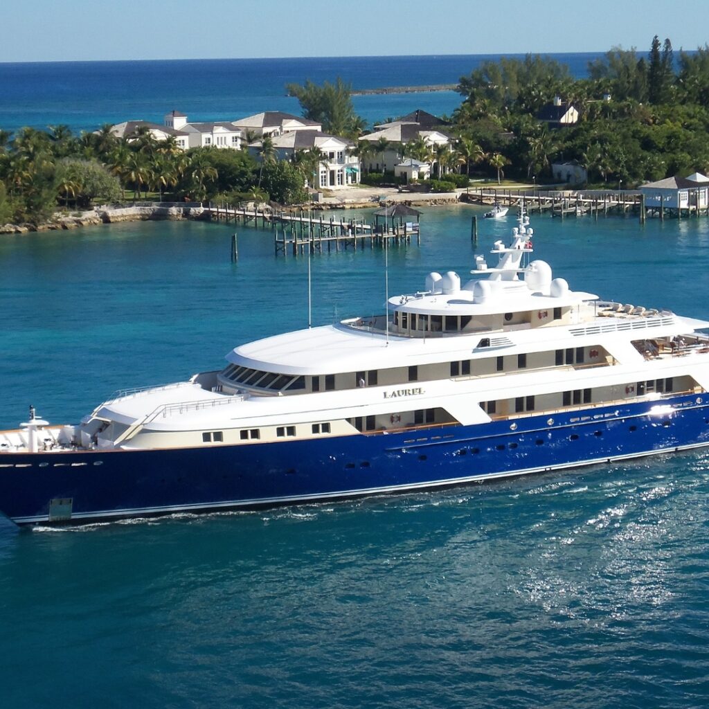 Luxury yacht "Laurel" navigating the clear waters near Savannah, showcasing advanced design and elegance, relevant to yacht performance and efficiency discussions.