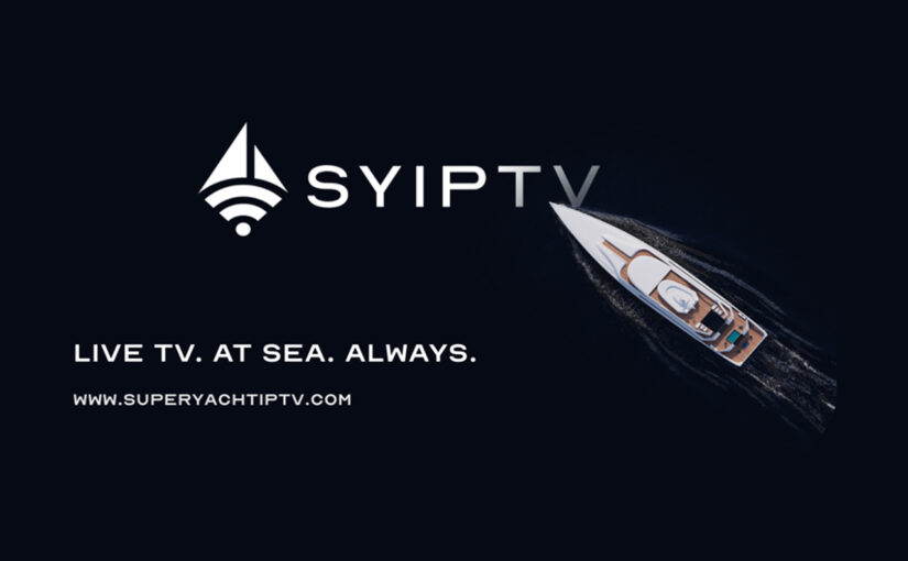 SYIPTV logo with tagline "Live TV. At sea. Always." and image of a yacht on water, emphasizing marine entertainment services for luxury yachts.