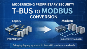Modernizing proprietary yacht security systems, T-Bus to Modbus conversion diagram illustrating legacy and modern infrastructure integration.